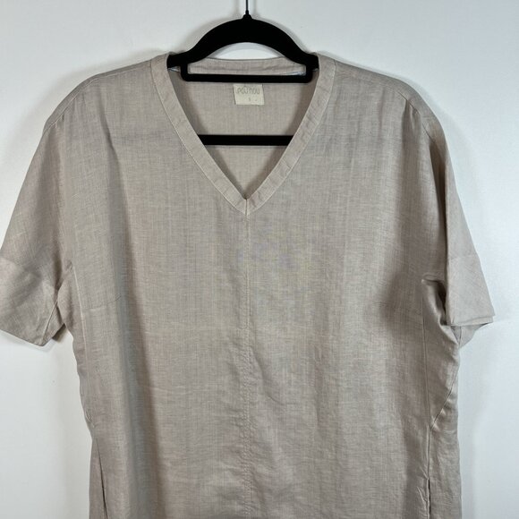 Pou Nou 100% Linen Shirt Dress Women’s Size Large Tan Red Beach Pockets - Picture 2 of 9